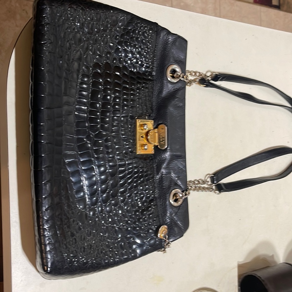 BALLY Shoulder Bag Embossing Leather Black Gold-to
